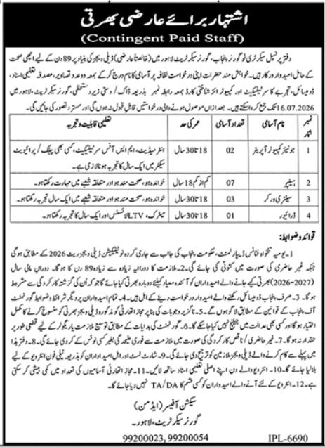 Governor Secretariat Lahore Jobs