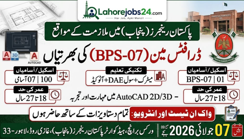Pakistan Rangers Lahore Draftsman Jobs 2026