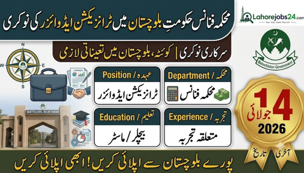 Finance Department Quetta Transaction Advisor Job 2026