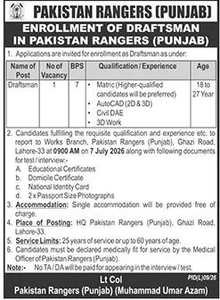 Pakistan Rangers Lahore Draftsman Jobs 2026 