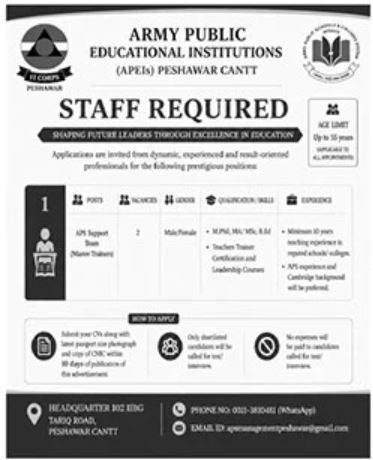 Army Public Educational Institutions Peshawar Cantt Jobs 2026