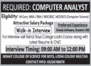 Nishat College for Boys Multan Jobs 2026