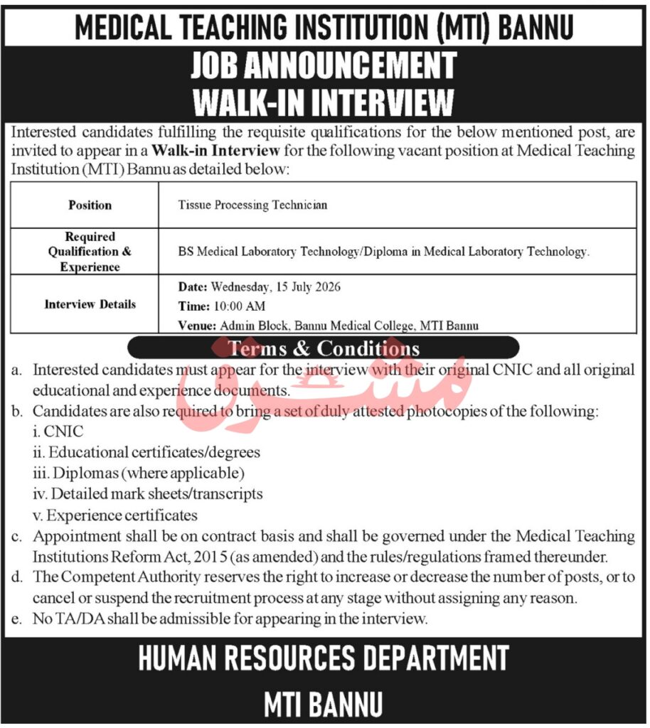 Medical Teaching Institution (MTI) Bannu Jobs 2026