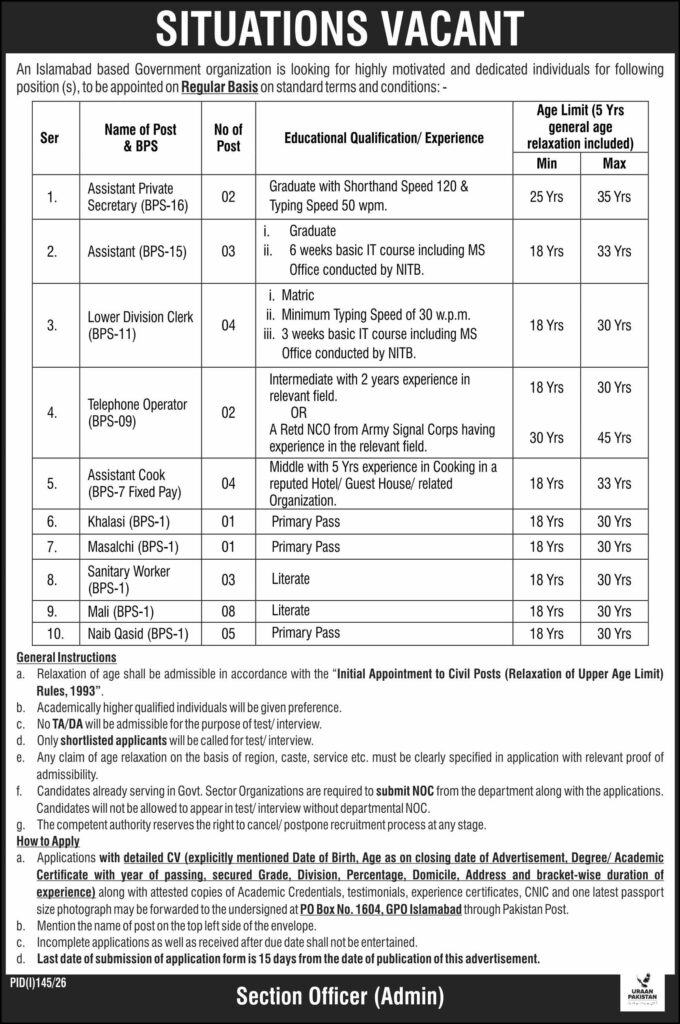Government Organization Islamabad Jobs 2026