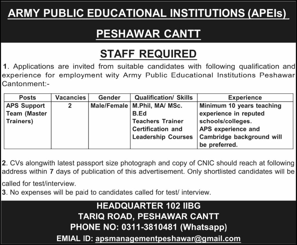 Army Public Educational Institutions Peshawar Cantt Jobs 2026