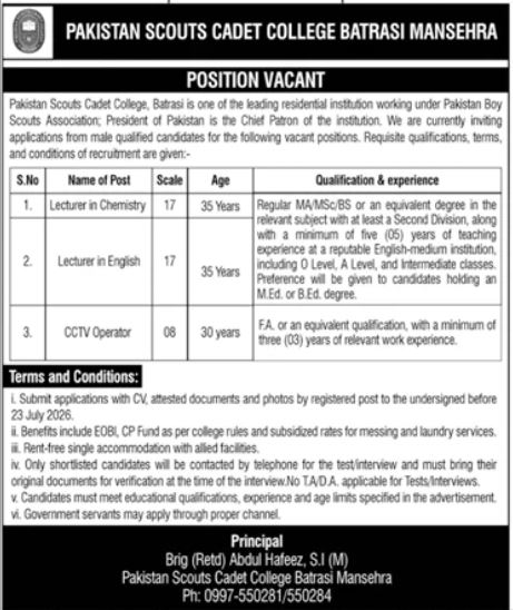Pakistan Scouts Cadet College Mansehra Jobs 2026