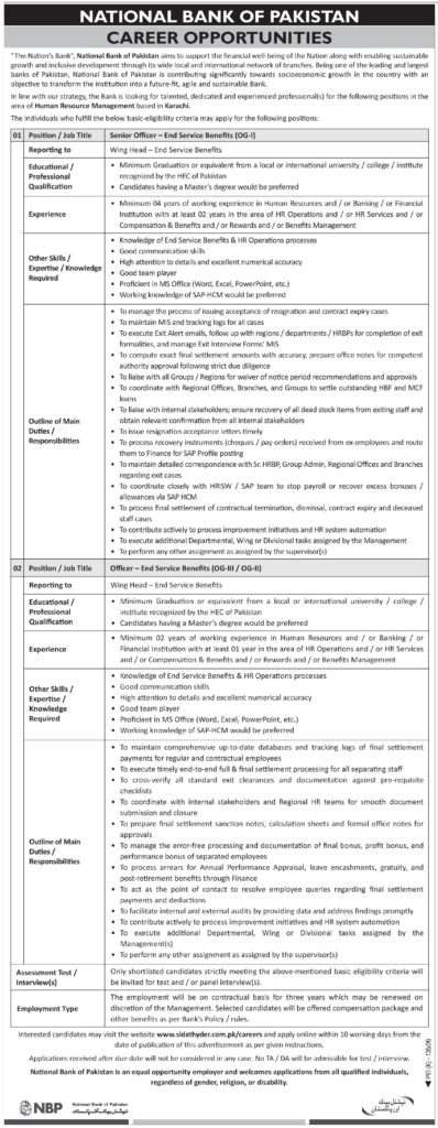 National Bank of Pakistan NBP Karachi Jobs 2026