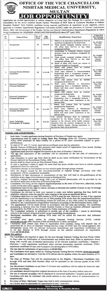 Nishtar Medical University Multan Jobs 2026 
