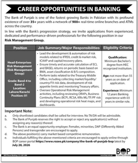 Punjab BOP Lahore Jobs 2026