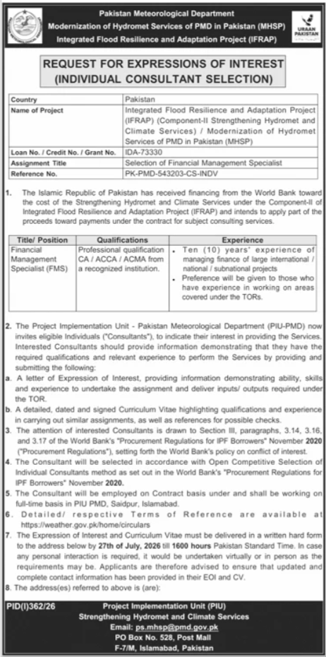 Pakistan Meteorology Department PMD Islamabad Hiring Financial Management Specialist 2026