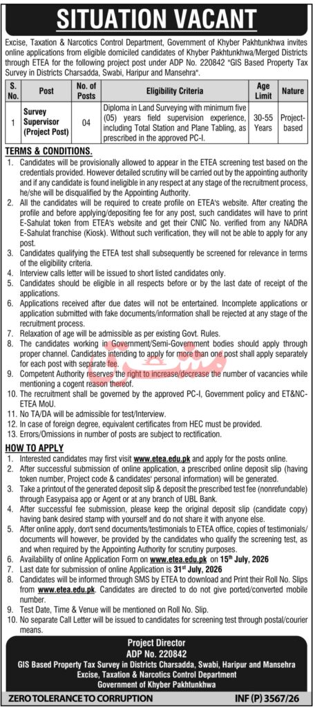 Excise Taxation & Narcotics Control Department Mansehra Jobs