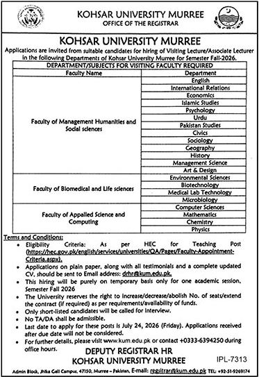 Kohsar University Murree Visiting Lecturer Jobs 2026 