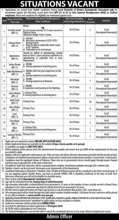GHQ Civilian Jobs 2026