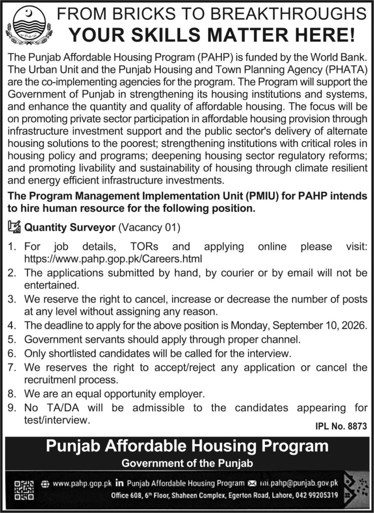 Latest Punjab Affordable Housing Program PAHP Jobs
