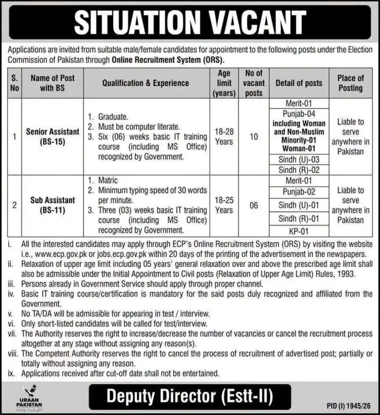 ECP Jobs 2026 in Pakistan – Senior Assistant & Sub Assistant Apply Online