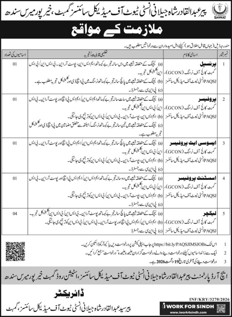 PAQSJ Institute of Medical Sciences Gambat Jobs 2026