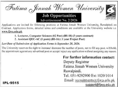 Fatima Jinnah Women University Jobs 2026
