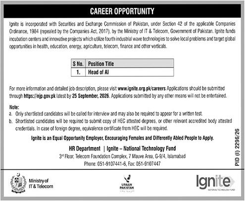 Ignite National Technology Fund Islamabad Jobs 2026