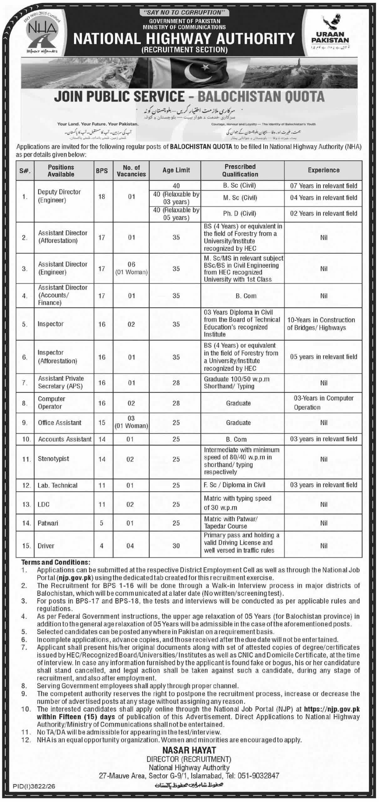 National Highway Authority Jobs 2026 official advertisement