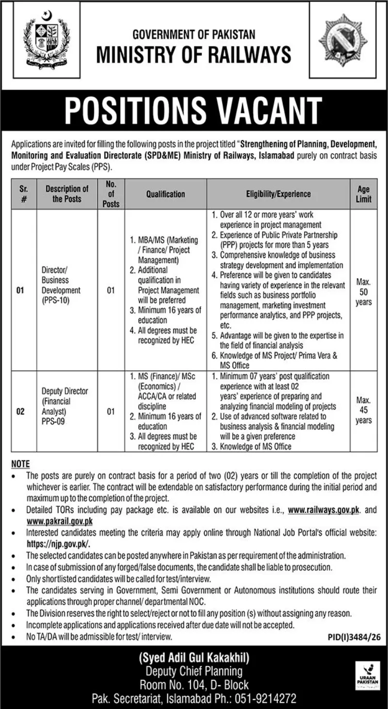 Ministry of Railways SPD&ME project jobs 2026 official advertisement