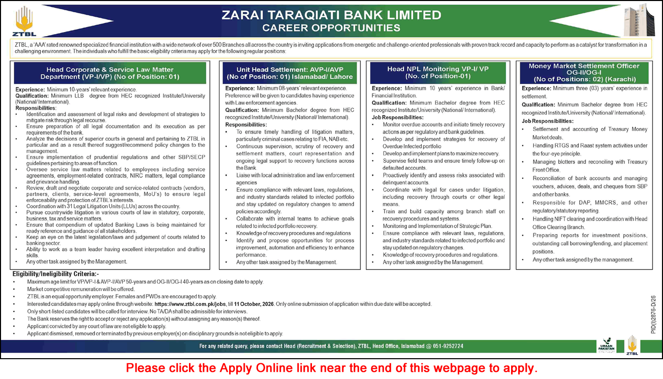Official ZTBL jobs advertisement in Daily Dawn, 27 September 2026