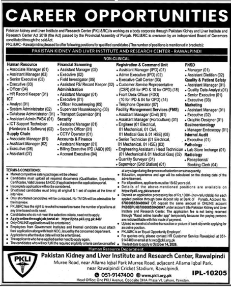 Official PKLI Rawalpindi jobs advertisement in Daily Nawa-i-Waqt, 28 September 2026