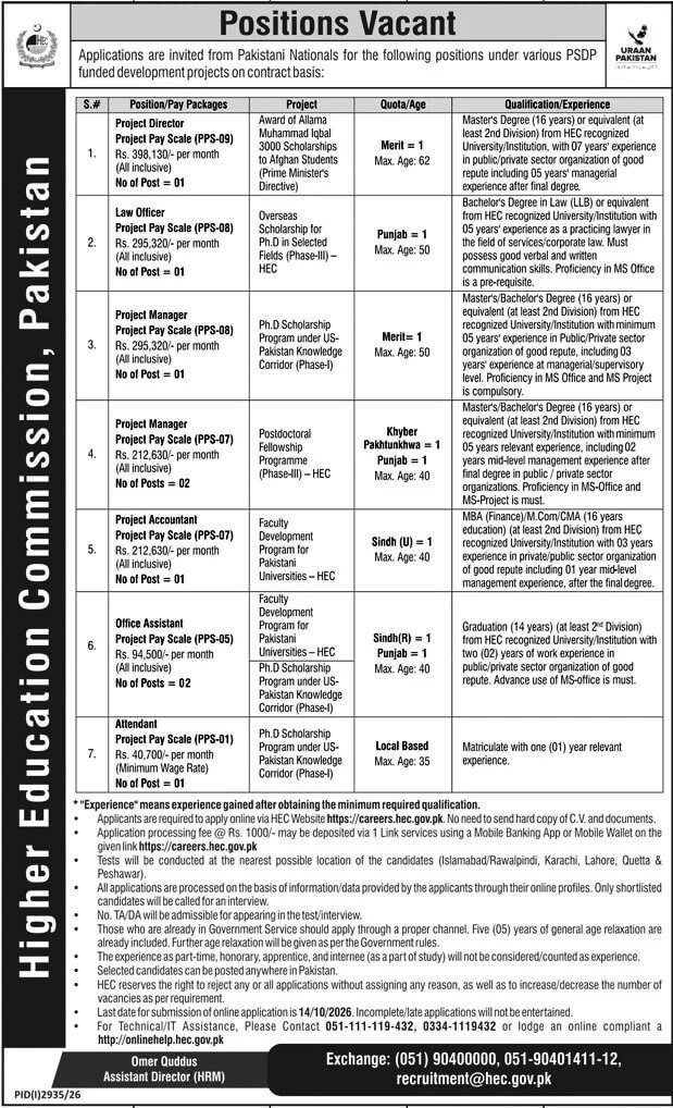 Official Higher Education Commission HEC Islamabad jobs advertisement in Daily Jang, 30 September 2026