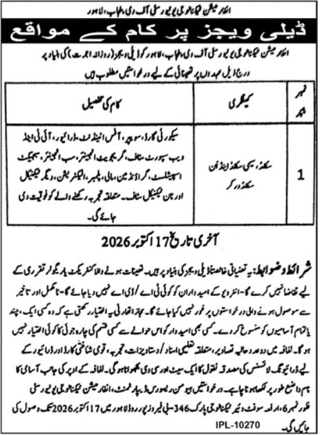 Official Information Technology University ITU Lahore daily-wages Skilled Worker jobs advertisement 2026