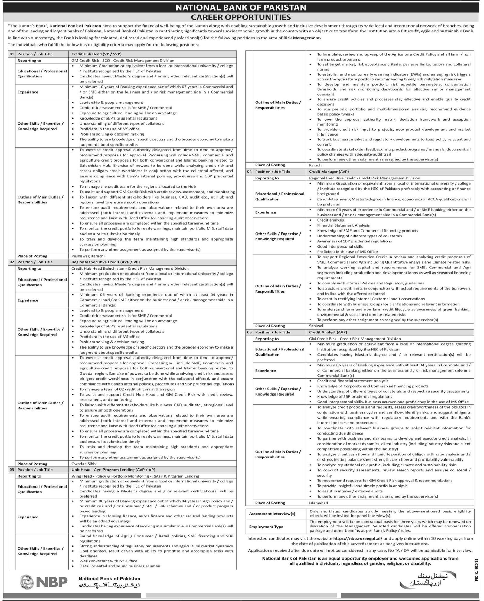 Official National Bank of Pakistan NBP credit jobs advertisement 2026 – 5 Risk Management positions