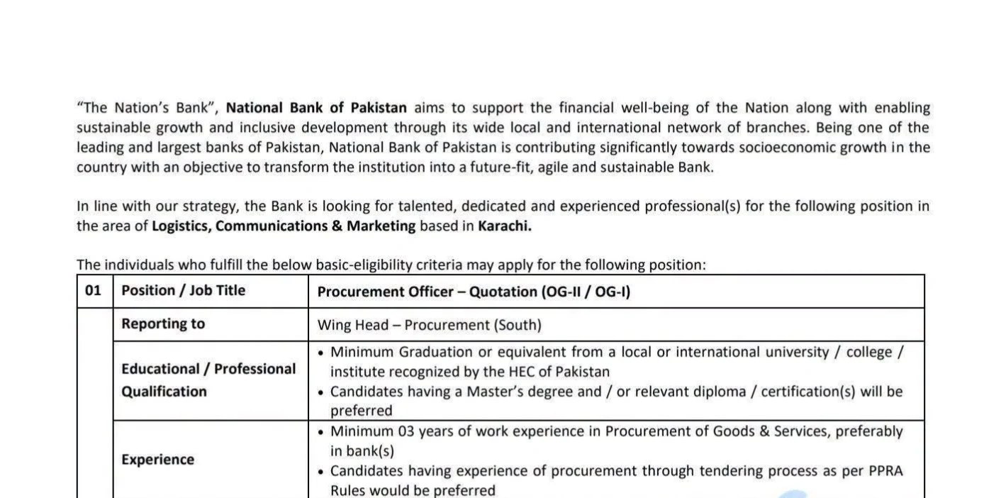 Official National Bank of Pakistan NBP Karachi Procurement Officer jobs advertisement 2026