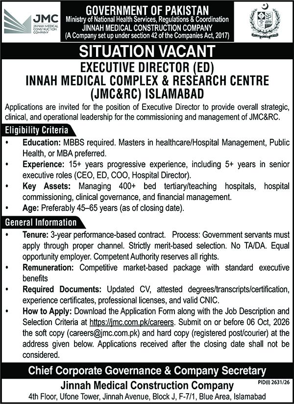 Official Jinnah Medical Complex & Research Centre Executive Director jobs advertisement 2026