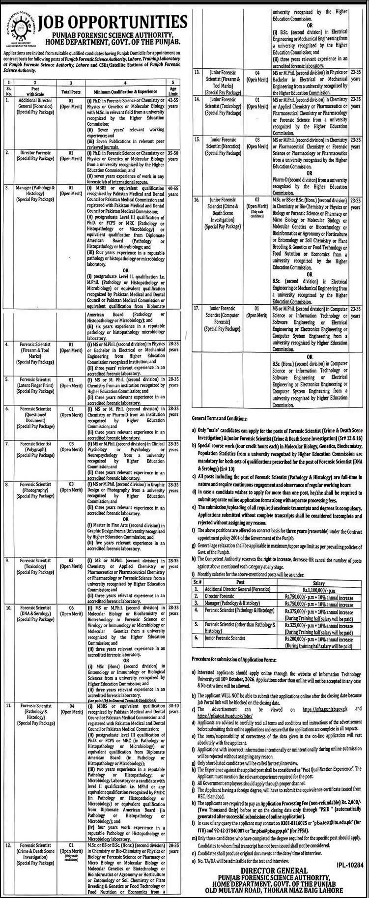 Official Punjab Forensic Science Authority PFSA Lahore jobs advertisement 2026 – 37 posts