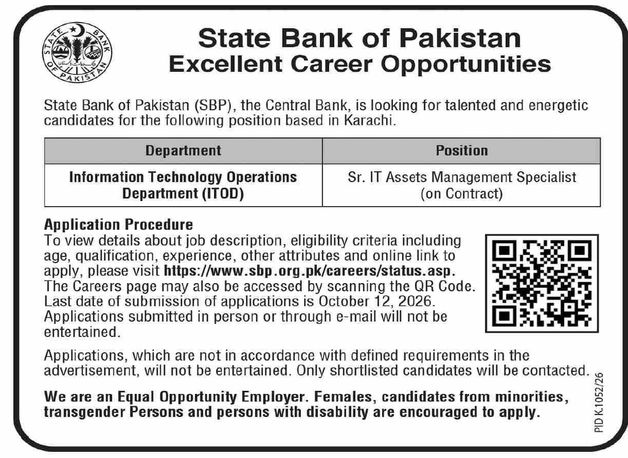 Official State Bank of Pakistan SBP Karachi jobs advertisement in Daily Nawa-i-Waqt, 28 September 2026