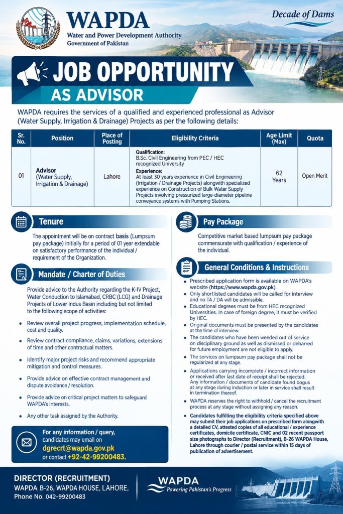 Official Water and Power Development Authority WAPDA Lahore Advisor jobs advertisement 2026